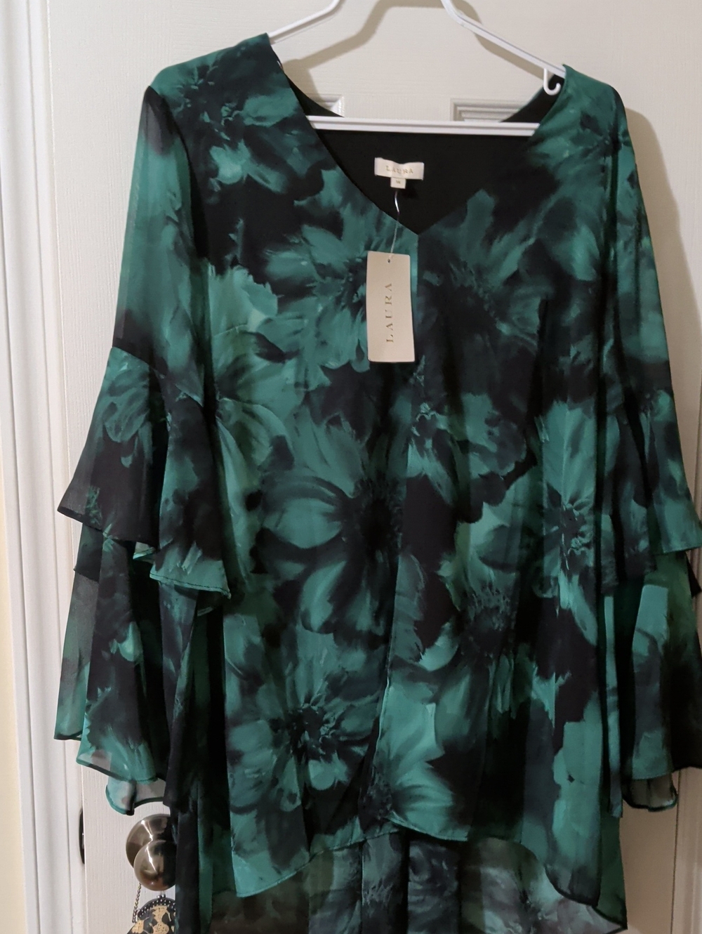 Layered Ruffle V-Neck Tunic in Deep Green Floral